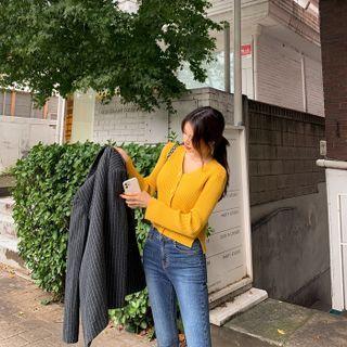 V-neck Slit-side Ribbed Cardigan