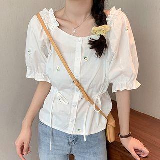 Floral Embroidered Short-sleeve Drawstring-waist Blouse