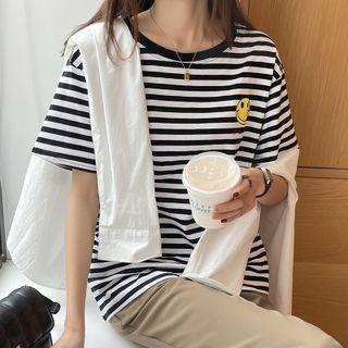 Short-sleeve Striped Smiley Face Print T-shirt