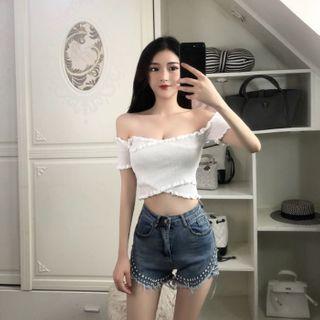 Off-shoulder Ruffle Trim Ribbed Top