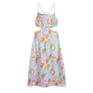 Cutout Waist Flower Print Midi Spaghetti Strap Dress