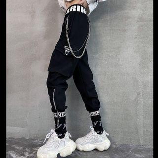Plain High Waist Cargo Pants With Chain