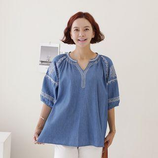 Balloon-sleeve Embroidery Denim Blouse