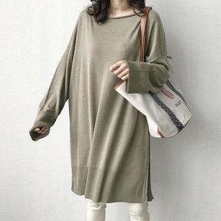 Slit-side Loose-fit Knit Dress With Sash