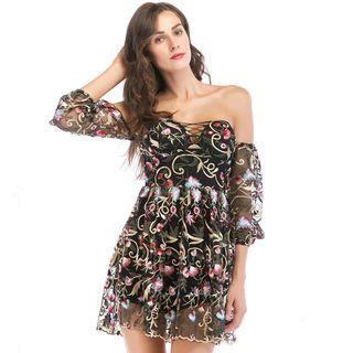 Off-shoulder Lantern-sleeve Embroidered Mini Dress