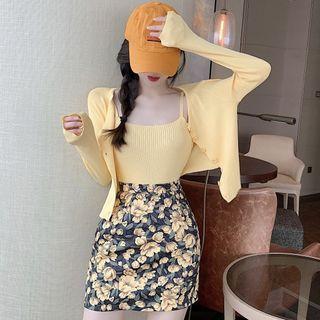 Floral Print Mini Fitted Skirt / Spaghetti Strap Knit Top / Cardigan / Set