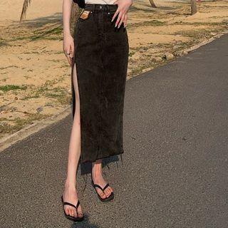 High-waist Plain Side Slit Denim Dress