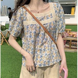Puff Sleeve Floral Print Lace Panel Chiffon Top