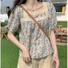 Puff Sleeve Floral Print Lace Panel Chiffon Top