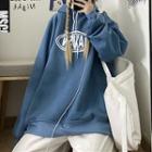 Lettering Print Drawstring Hoodie Blue - One Size