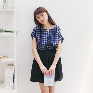 Short-sleeve Plaid Panel Chiffon Dress