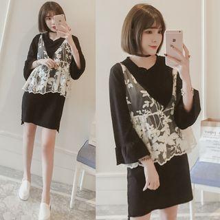 Set: 3/4-sleeve Dress + Sleeveless Lace Top