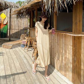 Round-neck Cap-sleeve Pleated Dress