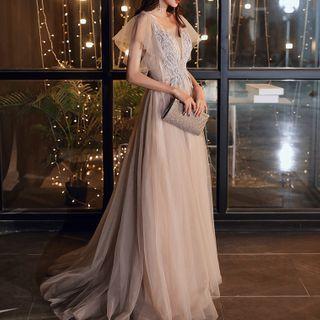Flutter Sleeve V-neck Embroidered Mesh A-line Evening Gown