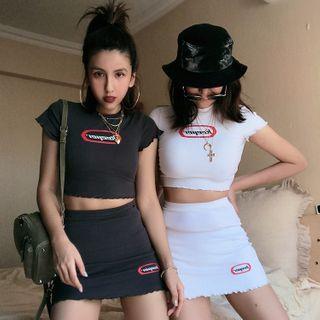 Short-sleeve Lettering Cropped T-shirt / Mini Skirt