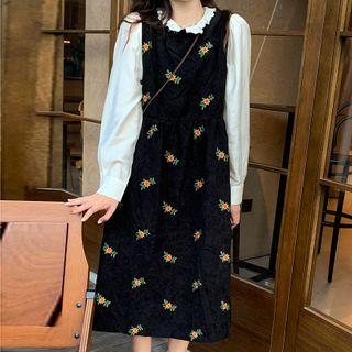 Floral Embroidered Midi Overall Dress