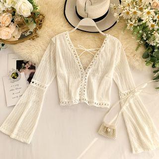 Long-sleeve Perforated Trim Lace Top