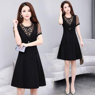Mock Two-piece Leopard Print Short-sleeve Mini A-line Dress