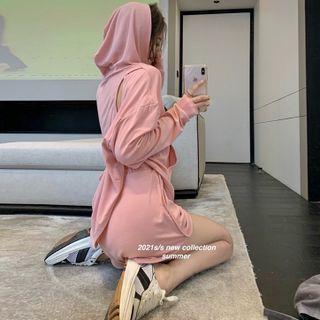 Mock Two-piece Hooded Top / High-waist Wide Shorts