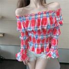 Plaid Long-sleeve Top Red - One Size