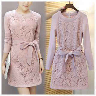Tie-waist Long-sleeve Lace Dress