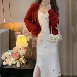 Spaghetti Strap Strawberry Knit Midi Sheath Dress / Cardigan