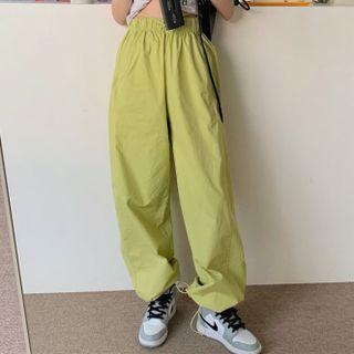 High-waist Drawstring Pants Green - One Size