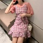 Puff-sleeve Blouse / Spaghetti Strap Plaid Mini A-line Dress