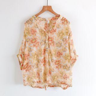 Batwing-sleeve Flower Print Blouse Orange - One Size