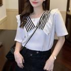 Elbow-sleeve Collar Ruffled Top White - One Size