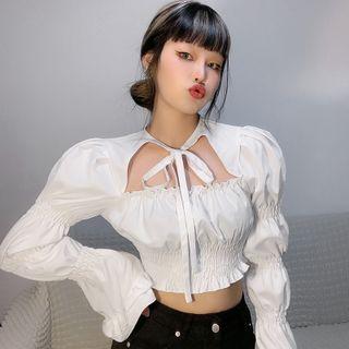 Long-sleeve Tie-neck Shirred Crop Top