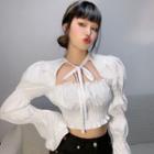 Long-sleeve Tie-neck Shirred Crop Top