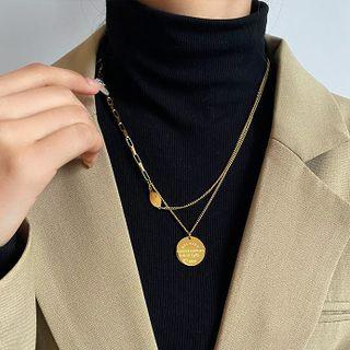 Lettering Disc Pendant Layered Stainless Steel Necklace Disc Pendant - Lettering - Gold - One Size