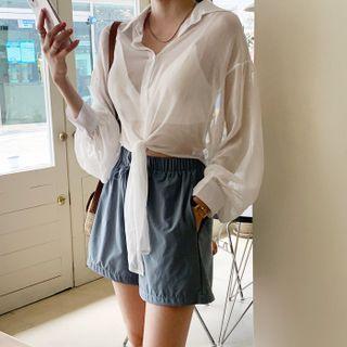 Knotted See-through Crop Shirt