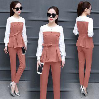 Set: Long-sleeve Mock Two-piece Top + Pants