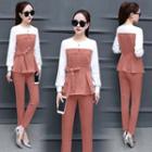 Set: Long-sleeve Mock Two-piece Top + Pants