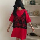 Set: Elbow-sleeve Mini T-shirt Dress + Spaghetti Strap Lace Top