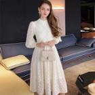 Long-sleeve Lace Panel Knit Sheath Dress