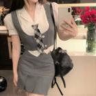 Short-sleeve Tie Detail Shirt / Cropped Vest / Mini Pencil Skirt