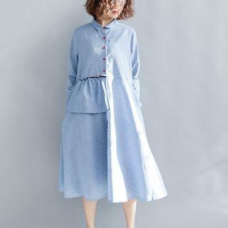 Long-sleeve Pinstriped Ruffle Midi Shirt Dress