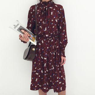 Floral Print Long Sleeve Tie Neck Dress