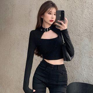Long-sleeve Plain Cutout Cropped Top Black - One Size
