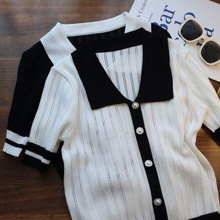 Short-sleeve Color Block Pointelle-knit Top