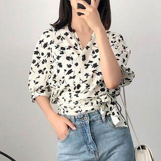 Floral Print Elbow-sleeve Wrap Chiffon Blouse