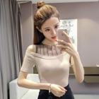 Mock Two Piece Short-sleeve Off-shoulder Mesh Panel Knit Top