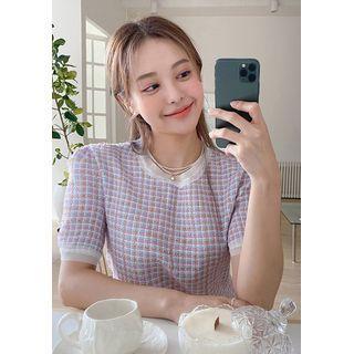 Puff-shoulder Tweed Top