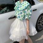 Short-sleeve Floral Print Blouse / Mesh Skirt