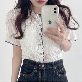 Contrast Trim Short-sleeve Button Top White - One Size