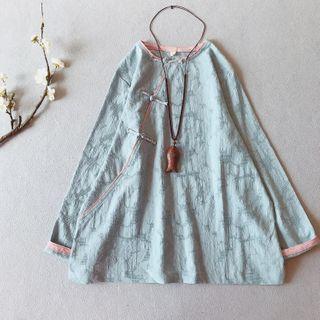 Long-sleeve Frog Button Printed Tunic Top
