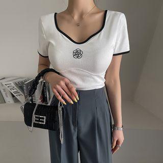 Contrast-trim Rose-embroidered Knit Top